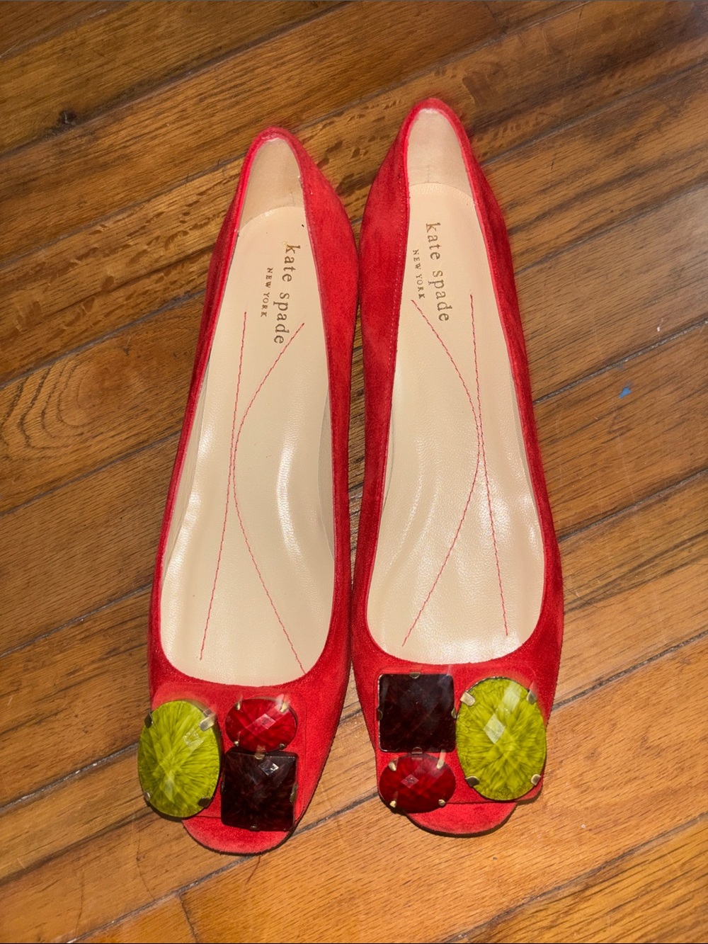 kate spade Red Suede Flats with Multicolor Gem Accents
